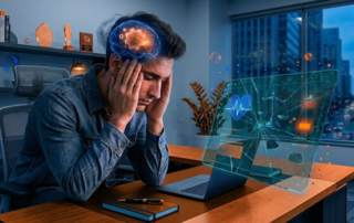 Profissional de tecnologia com sinais de burnout em escritório moderno, visualizando tela holográfica com indicadores de saúde mental e bateria fraca.